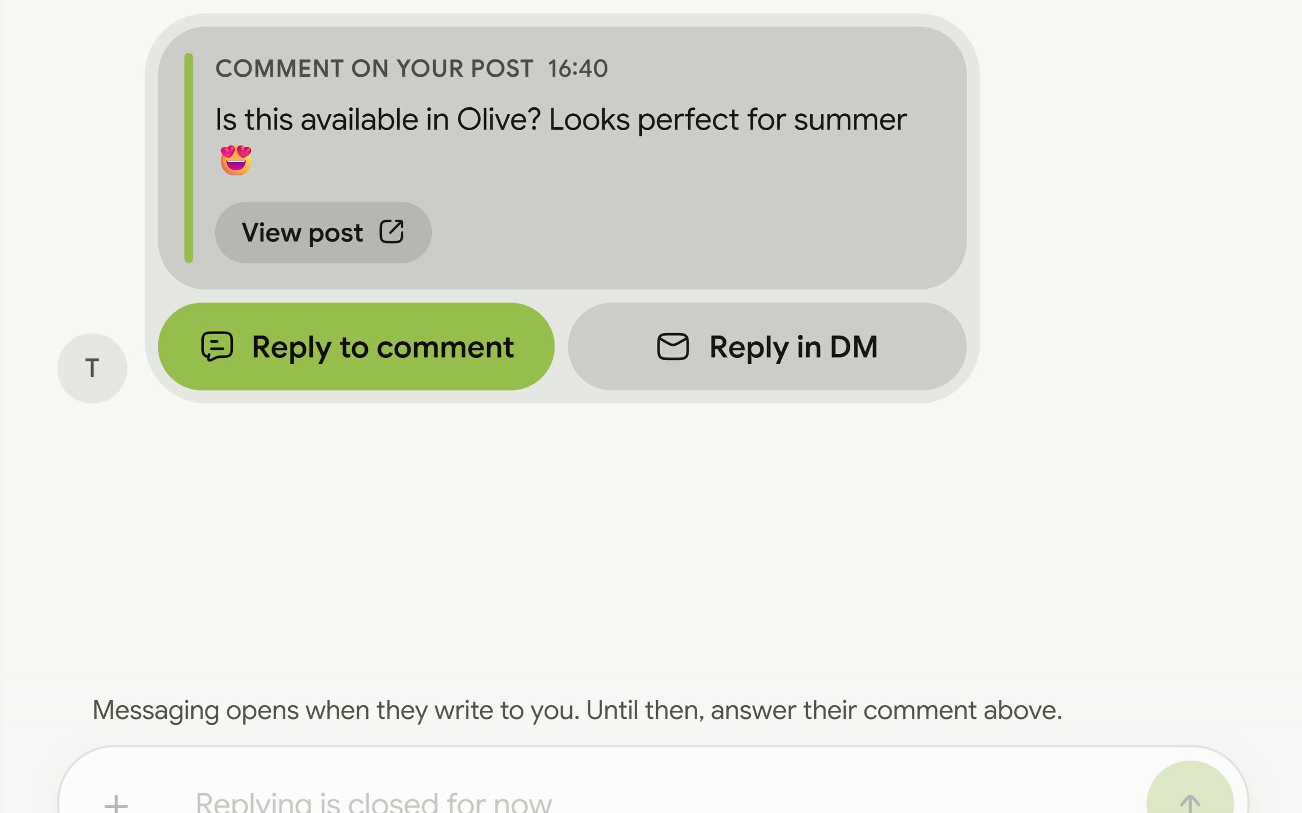A customer comment on a post with public reply and private message buttons