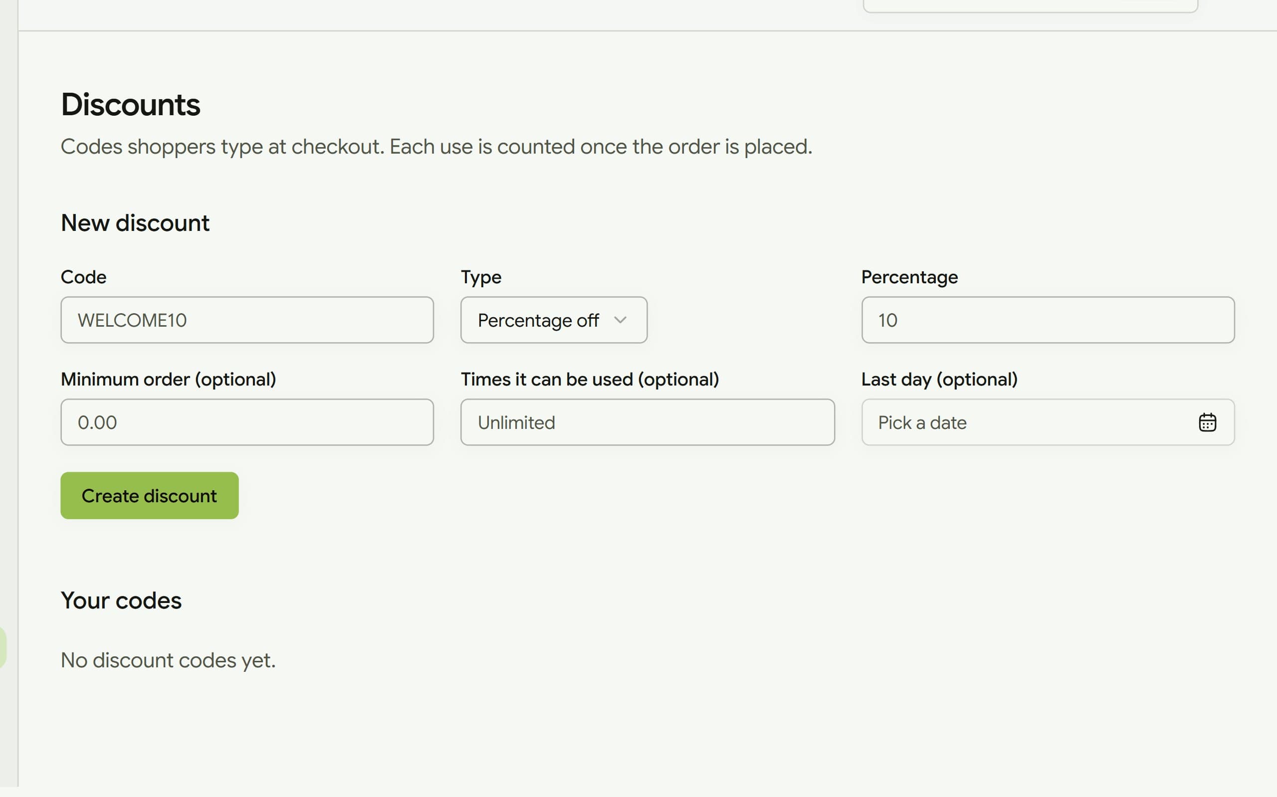 The discount codes page