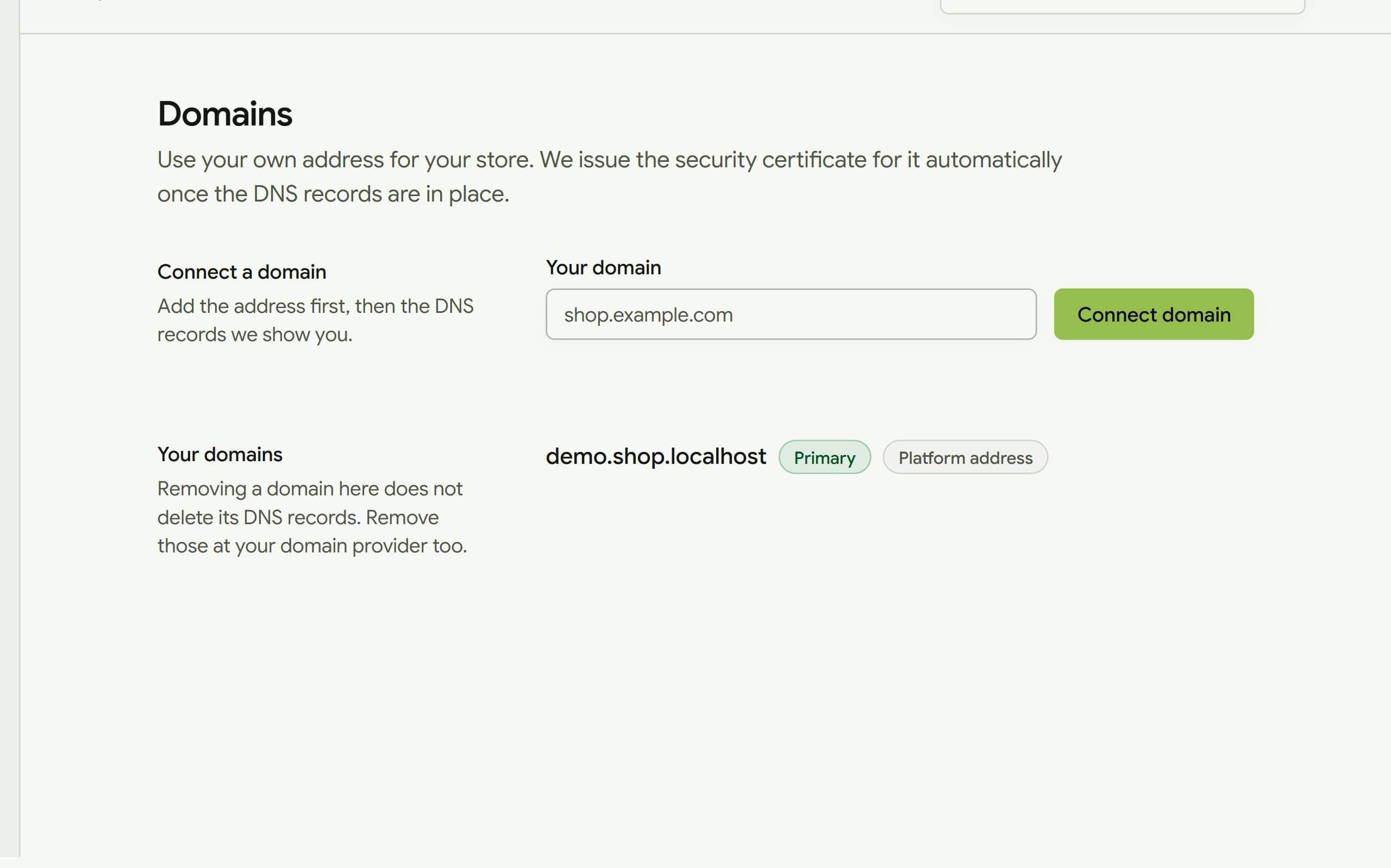 The domain settings page