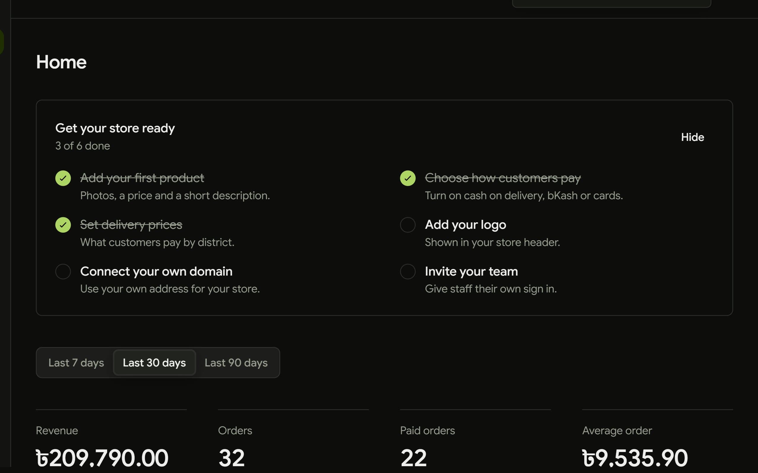The admin home page with a setup checklist and revenue totals