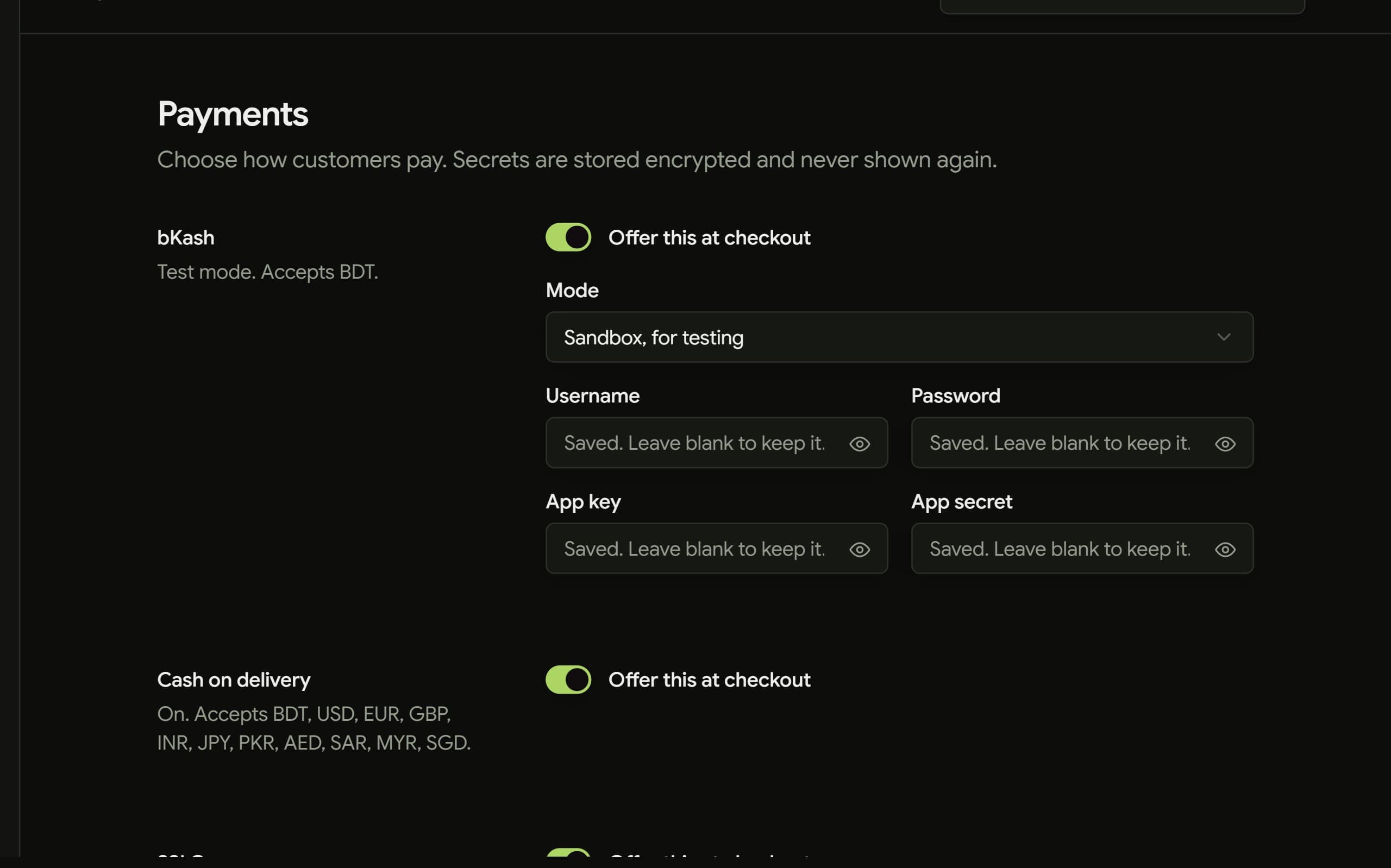 The payments settings page with bKash and cash on delivery switched on