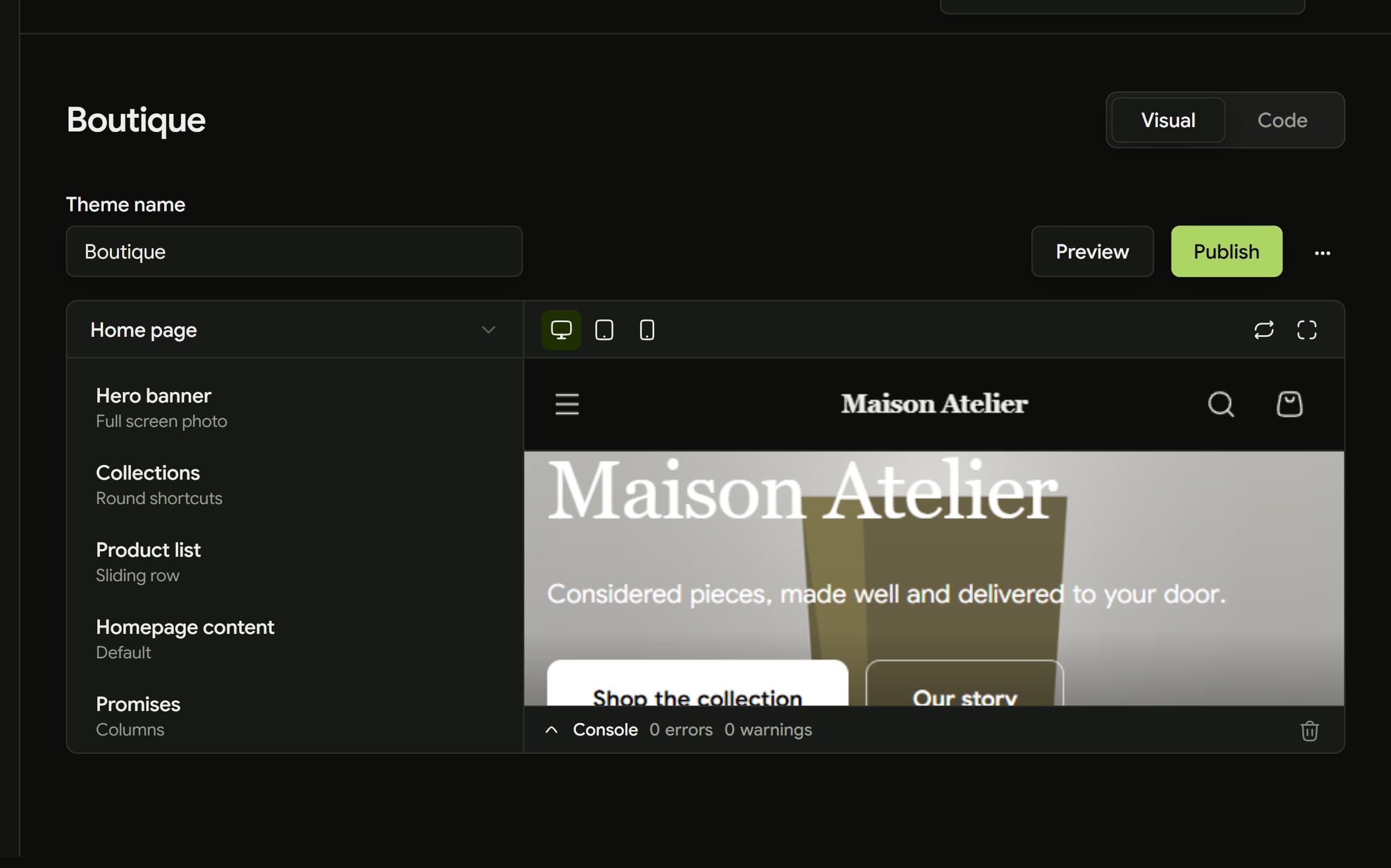 The theme editor showing the sections of a store home page