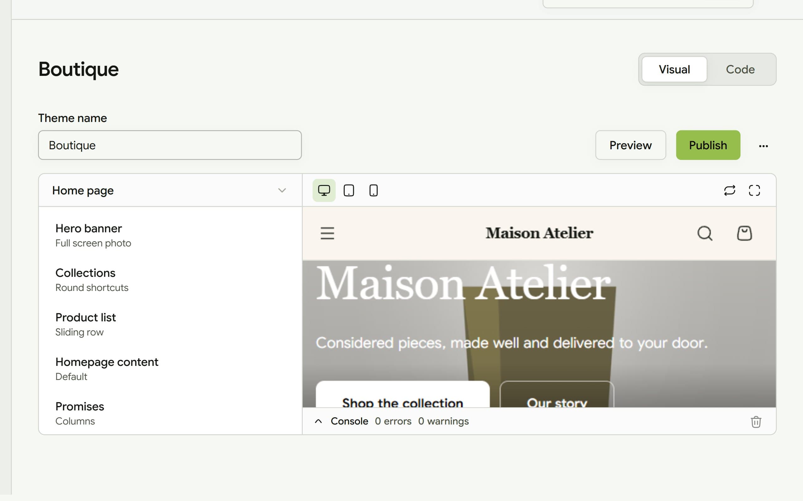 The theme editor showing the sections of a store home page